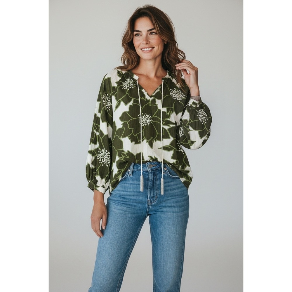Alex & Parker Olive Green Floral Tassel Tie Blouse Top  Womens Large fall,winter